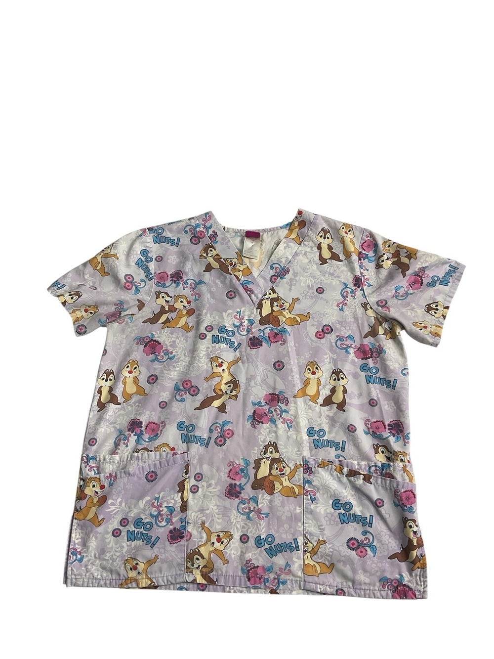 Disney Chip & Dale "Go Nuts!" Scrub Top Medium Lavender Cartoon Print